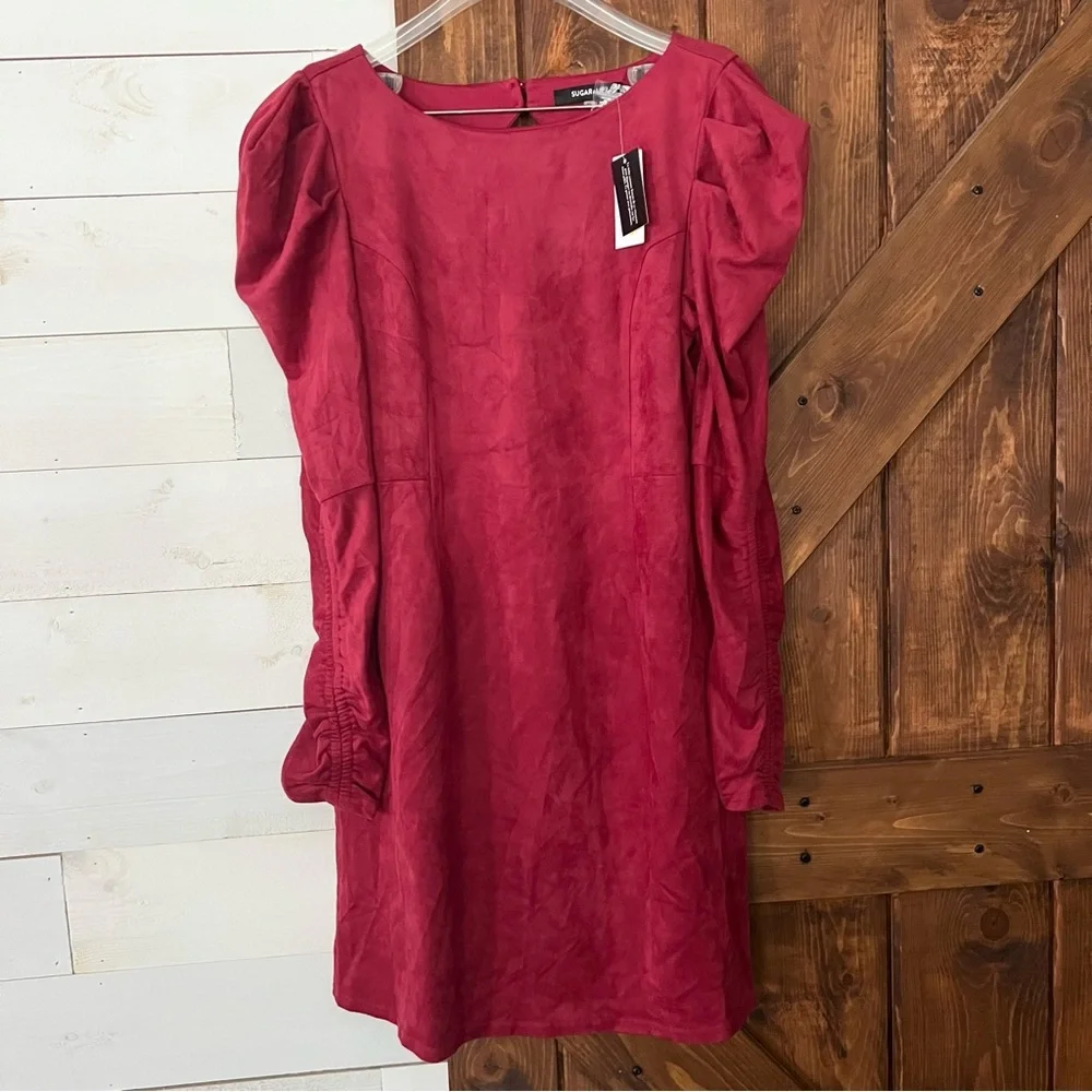 Sugar +‎ Lips Dress Women Size Large Red Faux Suede Long Sleeve NWT